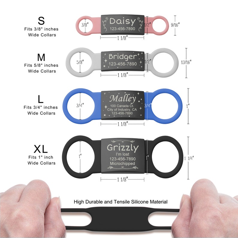 May include: Four different sizes of black silicone dog collars with engraved metal tags. The tags have different names and phone numbers. The collars are shown with measurements in inches.