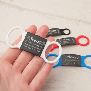 May include: Four black and white engraved dog ID tags with different names and phone numbers. The tags are attached to colorful silicone collars.