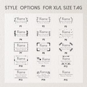 May include: A collection of fifteen rectangular XL size tag style options labeled P1 through P15. Each tag features the placeholder text Name, Address or other information, Phone one, and Phone two, surrounded by various black line art graphic borders.