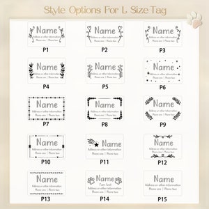 May include: Fifteen different design options for a large size pet ID tag. Each design features a black and white outline of a tag with the word "Name" and space for the pet's name, address, and phone number.