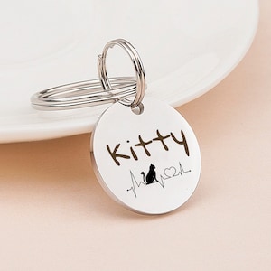 Cat ID Tag - Cat Tag Personalized - Cat Tag Small - Personalized Pet Tag - Cat Collar Tag - Pet Id Tag Cat with Heart Beat Design