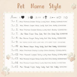 May include: A chart with different font styles for pet names. The chart shows 15 different fonts with various names and numbers. The chart is on a light pink background with a paw print in the top right corner.
