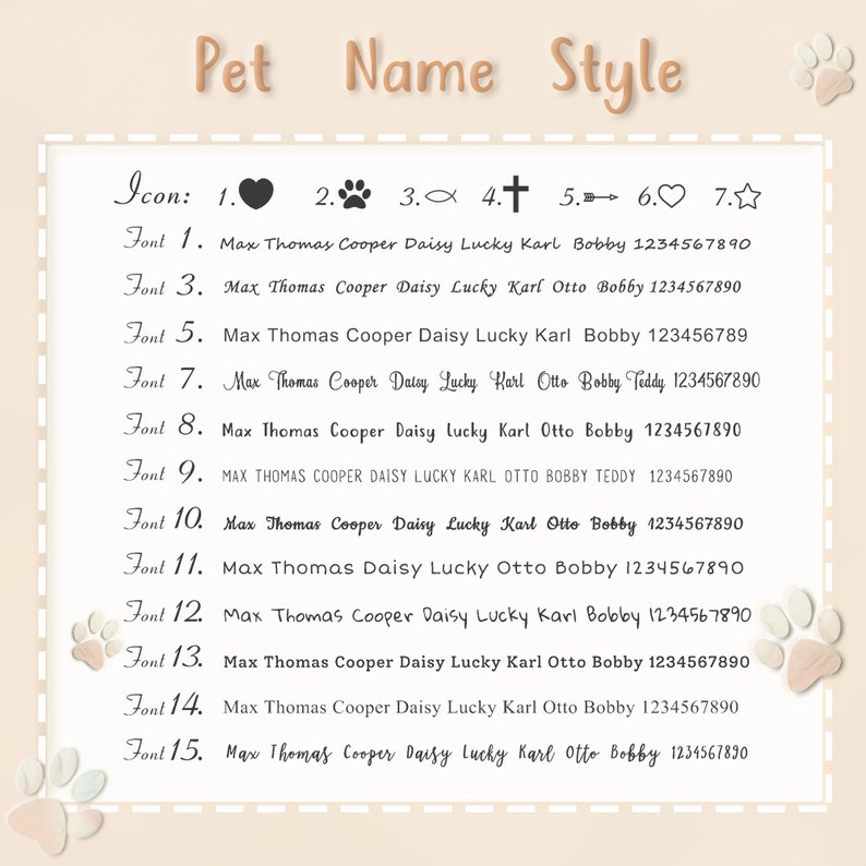May include: A chart with different font styles for pet names. The chart shows 15 different fonts with various names and numbers. The chart is on a light pink background with a paw print in the top right corner.