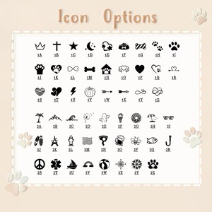 May include: A chart of 36 different icons, organized in a grid of 6 rows and 6 columns. Each icon is black and white and represents a different theme, such as animals, nature, food, and symbols. The icons are labeled with letters and numbers, such as 1A, 1B, 1C, and so on.