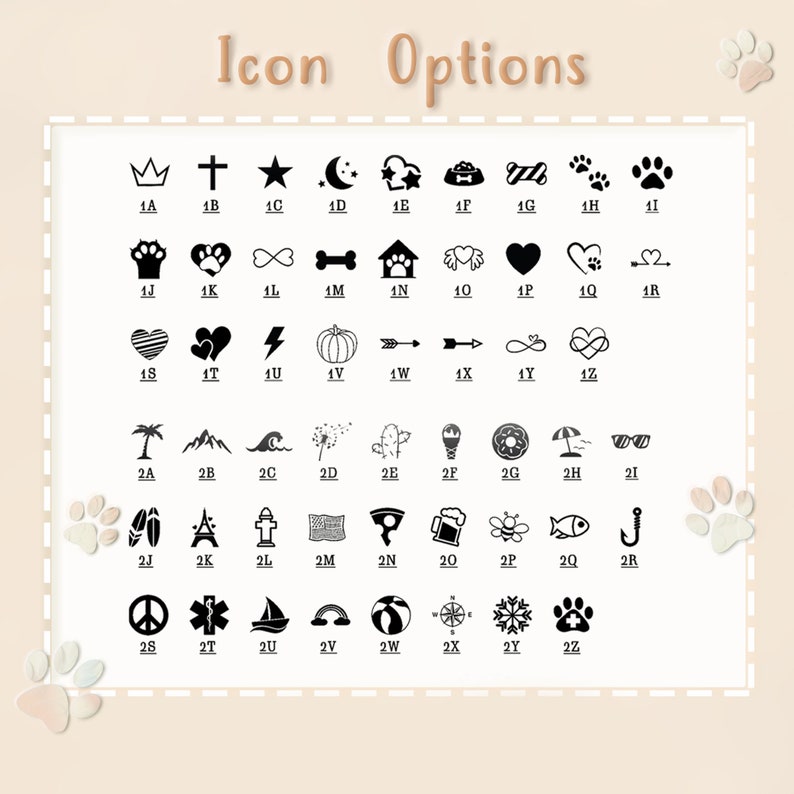 May include: A chart of 36 different icons, organized in a grid of 6 rows and 6 columns. Each icon is black and white and represents a different theme, such as animals, nature, food, and symbols. The icons are labeled with letters and numbers, such as 1A, 1B, 1C, and so on.