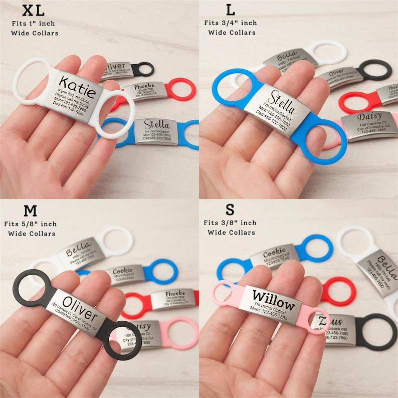 K&ouml;nnte beinhalten: Sortiment an bunten Hunde-ID-Tags in verschiedenen Gr&ouml;&szlig;en mit Namen. Die Anh&auml;nger sind aus Metall und haben eine Silikon-Schlaufe zum Befestigen an einem Halsband. Die Anh&auml;nger sind in Gr&ouml;&szlig;en f&uuml;r Halsb&auml;nder erh&auml;ltlich, die 1 Zoll, 3/4 Zoll, 5/8 Zoll und 3/8 Zoll breit sind.