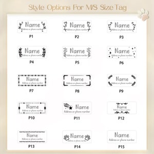 May include: A chart showing 15 different design options for a pet ID tag. Each design features a black and white outline of a name, address, and phone number field. The designs include various decorative elements such as hearts, stars, paw prints, and floral patterns. The designs are labeled P1 through P15.