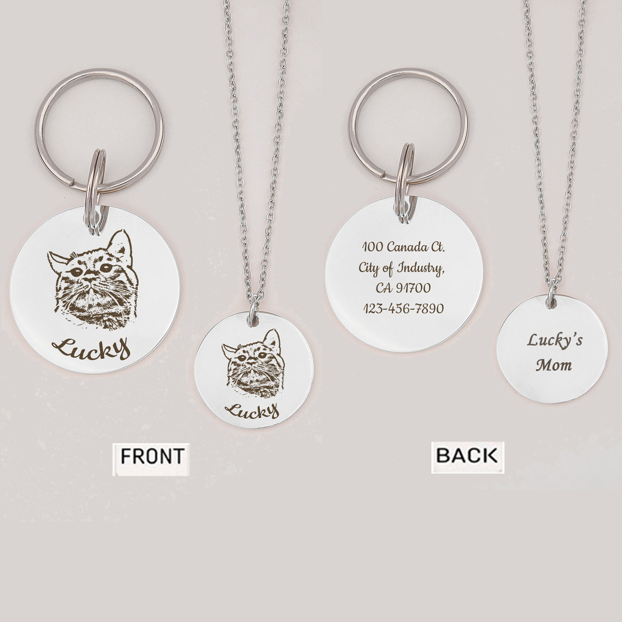 May include: Silver keychain and necklace set with engraved cat portrait and text "Lucky". The back of the keychain has contact information and the back of the necklace says "Lucky's Mom".