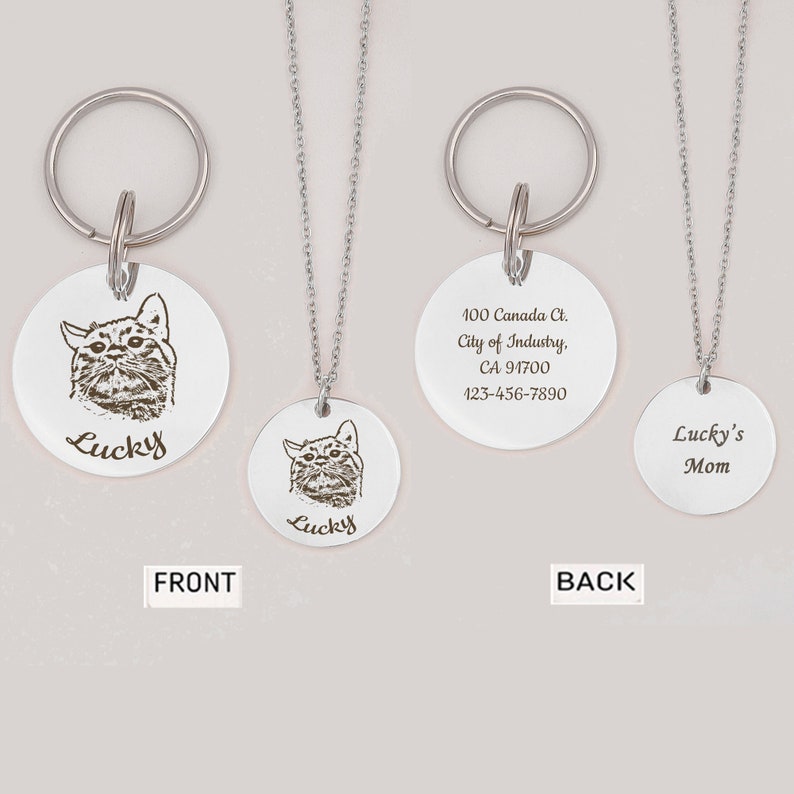 May include: Silver keychain and necklace set with engraved cat portrait and text "Lucky". The back of the keychain has contact information and the back of the necklace says "Lucky's Mom".