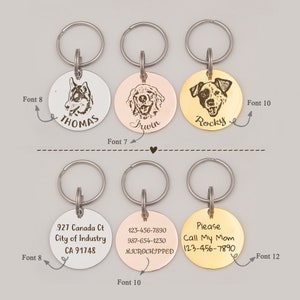 May include: Six silver, gold, and rose gold dog tag keychains with engraved text and images. The keychains feature a husky, a golden retriever, a Jack Russell terrier, and text that includes names, phone numbers, and the phrase "Microchipped".