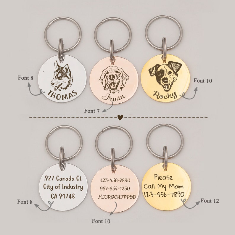 May include: Six silver, gold, and rose gold dog tag keychains with engraved text and images. The keychains feature a husky, a golden retriever, a Jack Russell terrier, and text that includes names, phone numbers, and the phrase "Microchipped".