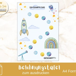 子供向けの報酬チャートPDF、宇宙飛行士、銀河を印刷して男の子の報酬A4習慣を破るルーチン、水彩、虹