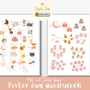 Póster ABC aprendizaje de números imágenes set habitación infantil para imprimir archivo PDF y JPG formato A3 y A4 rosa aprendizaje decoración habitación infantil