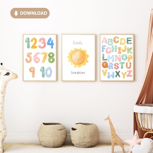Juego de carteles de aprendizaje ABC de 3 PDF habitación infantil para imprimir números en acuarela aprendiendo ABC formato A4 neutro boho