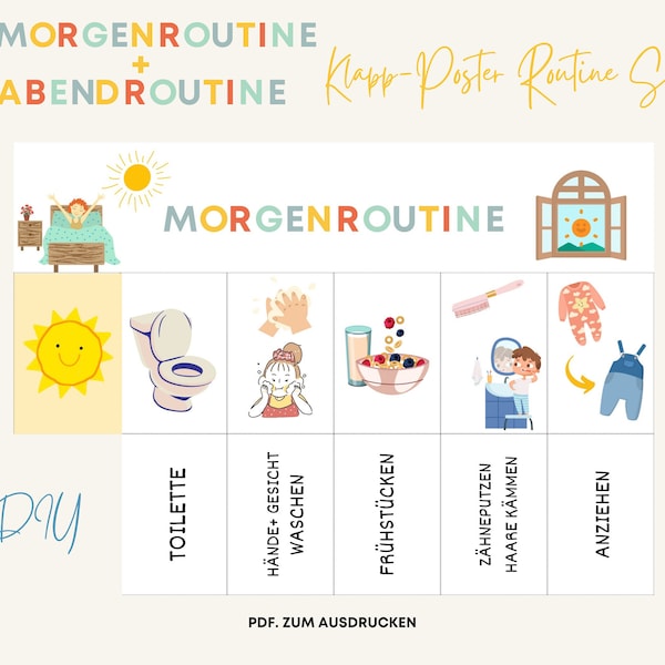 Morgen und Abendroutine Poster zum klappen PDF Kleinkinder Routine Set erste Routine Starter Set Spielerisch Routine Rituale Alltagshelfer