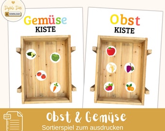 Jogo de classificação de frutas e vegetais, aprendizagem precoce PDF para imprimir Montessori aprendendo em casa atividade pré-escolar aprendendo através de brincadeiras