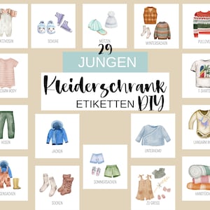 Kleiderschrank Etiketten Junge Kommoden Etiketten  ZUM AUSDRUCKEN PDF Piktogramme Wasserfarben Montessori Sortieren Ordnung Haushalt
