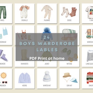 English Waderobe Lables Boys Watercolor printable   Montessori organization Home clean