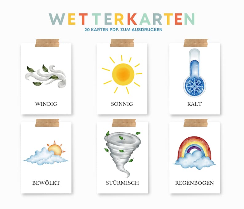 Cartões meteorológicos PDF Montessori Aprenda brincando Cartões meteorológicos para imprimir Divertido de aprender, flashcards imagem 1