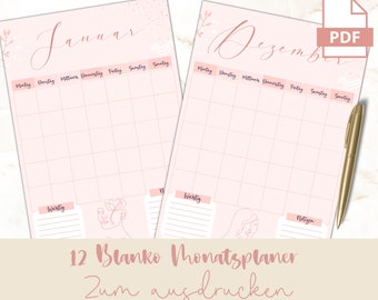 Monthly planner undated Rose PDF A4 planner household monthly overview, planning family finances expenses activities appointments, birthdays