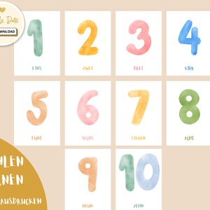 Zahlen lernen Flashcards PDF Kinder Deutsch lernen zuhause Montessori sofort ausdrucken Wasserfarbe