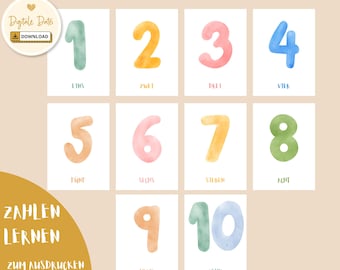 Aprenda números flashcards PDF crianças aprendem alemão em casa Montessori imprima imediatamente aquarela