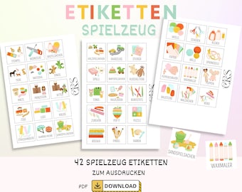 Etiketten Spielzeug Aufbewahrung Ordnung Kinder zum ausdrucken Montessori handgeszeichete Piktogramme bildlich bunt Aufbewahren Spielsachen