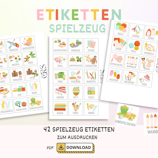 Etiketten Spielzeug Aufbewahrung Ordnung Kinder zum ausdrucken Montessori handgeszeichete Piktogramme bildlich bunt Aufbewahren Spielsachen