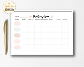 Wochenplan Familie A4 & A3 Format Pastell zum ausdrucken minimalistisch Planung Routine Alltag PDF