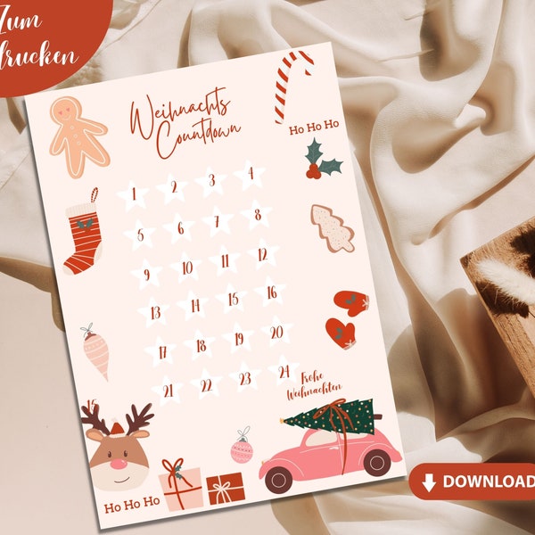 Weihnachts Countdown  zum ankreuzen A4 zum ausdrucken Advent PDF Datei Vorfreude Geschenk Kinder Dezember