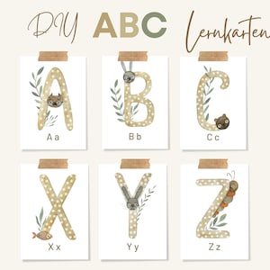 ABC Karten Alphabet Spielerisch lernen neutral zum ausdrucken PDF Download Montessori Junge Mädchen boho