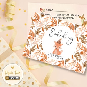 Invitation autumn children&#39;s birthday to print PDF file watercolor fox leaves