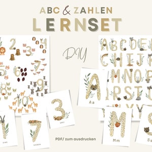 ABC und Zählen lernen Set  Karten Zahlen Alphabet Spielerisch Lernposter neutral zum ausdrucken PDF Download Montessori Junge Mädchen boho