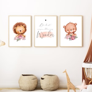 Mädchen Du bist unser kleines Wunder Kinderzimmer Bild Wasserfarbe Babyzimmer Poster Löwe Bär Tier rosa ZUM AUSDRUCKEN Direkter Download JPG