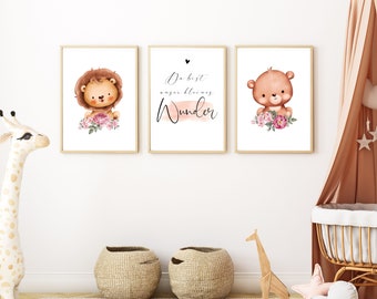 Girls You are our little wonder Children's room Image Watercolor Baby room Poster Lion Bear Animal pink TO PRINT Direct Download JPG