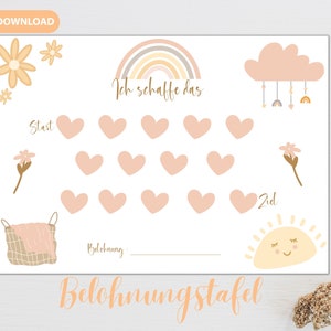 Reward chart pdf for kids to print learning rainbow sweet reward A4 and A3 girl pastel sun toddler