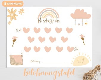 Belohnungstafel pdf für Kinder zum ausdrucken lernen Regenbogen süß  Belohnung A4 und A3 Mädchen Pastell Sonne Kleinkind