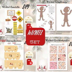 Könnte beinhalten: Ein druckbares DIY-Bastelset zum Erstellen von Dekorationen zum Thema Elfen. Das Set enthält Vorlagen für Elfen-Silhouetten, Bastelpapier, Geschenkpapier und Umzugskartons. Das Set ist perfekt, um eine festliche Atmosphäre für die Feiertage zu schaffen.