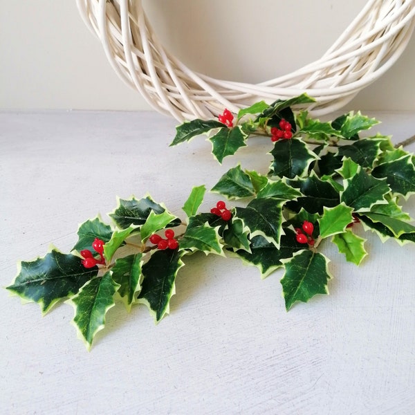 Artificial Holly Spray with Berries Variegated • Christmas Foliage • Wreath Making • Festive Display • Faux Christmas Plants •