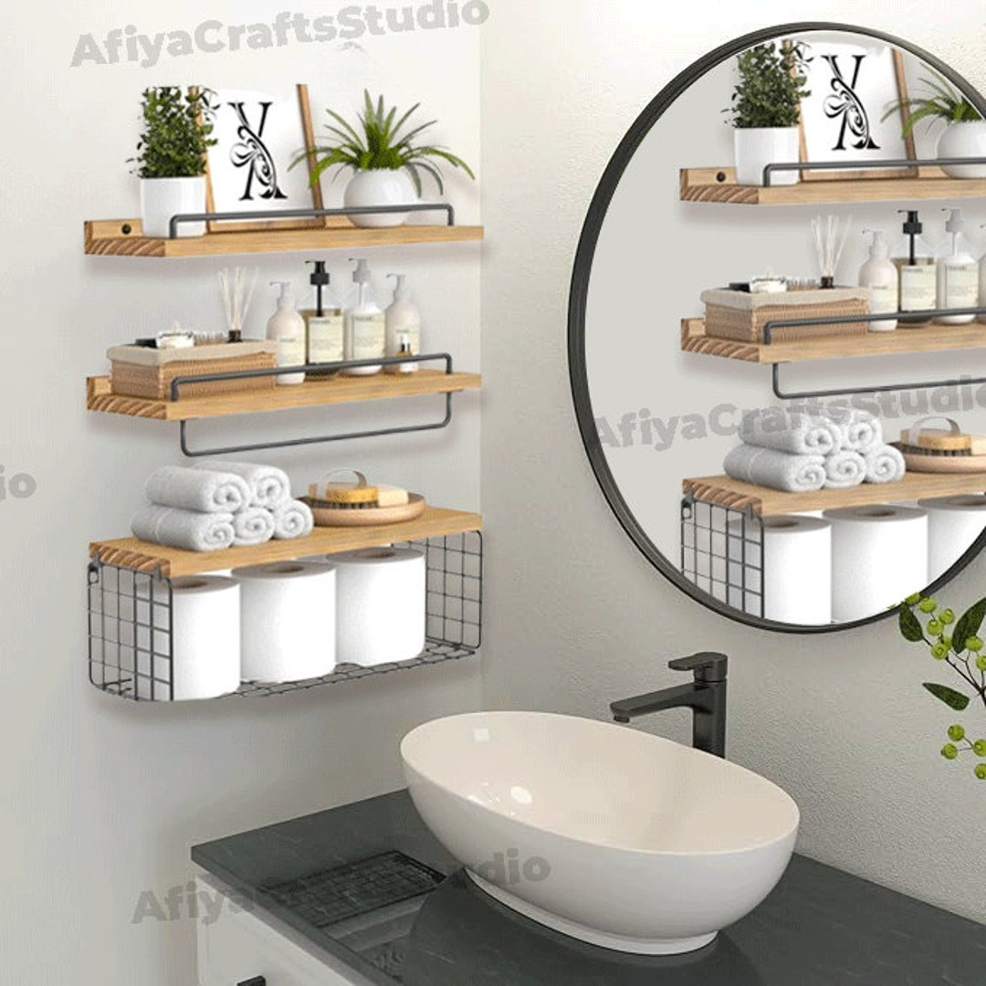 Set of 3 Wood Bathroom Shelves With Basket Wall Shelves Floating ...