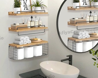 Set of 3 Wood Bathroom Shelves With Basket | Wall Shelves | Floating Shelves | Toilet Paper Holder | Over Toilet Storage | Bathroom Storage