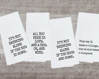 Decorative Dog & Wine Lover Tea Towels: Fun Kitchen Gift, Black Design on White Towel