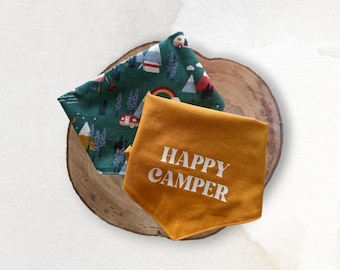 Happy Camper Dog Bandana: Double Sided Tie-On, Camping Theme, Cotton