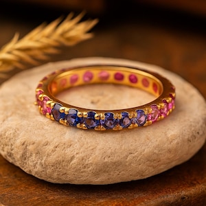 Złota obrączka z szafirem 14K, ślubna, minimalistyczna biżuteria z rubinami, wielokolorowy pierścionek z wieloma kamieniami, delikatna tęczowa obrączka, prezent świąteczny