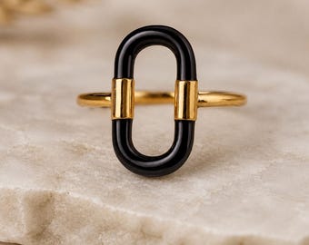 Black Enamel Link Ring Gold Plated Band | Modern Statement Jewelry | Minimalist Gift for Women | Unique Enamel Ring