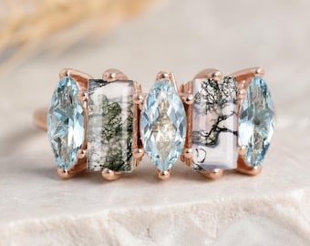 Vintage Aquamarine Moss Agate Ring Crystal Healing Gemstone 925 Sterling Silver Rings Women's Fine Jewelry Natural Gemstone Birthday Gifts
