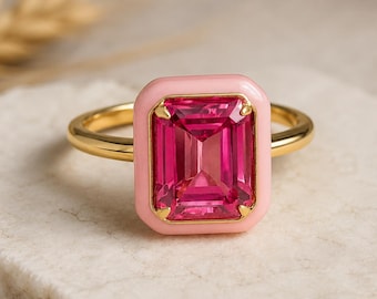 Pink Enamel Emerald Cut Ring | Gold Plated Statement Jewelry | Bold Cocktail Ring | Unique Gemstone Ring | Gift for Her