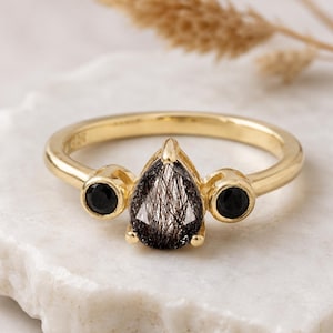 Pear Black Rutile Engagement Ring, Dainty 18K Rose Gold Jewelry, Natural Onyx Delicate Bridal Ring, Anniversary Gift For Wife, Promise Ring