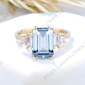 vintage bague aigue-marine taille émeraude, bague de fiançailles aigue-marine, bague diamant aigue-marine, bague de Noël unique, cadeaux de fête des mères