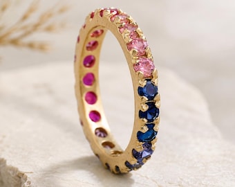 14K Gold Sapphire Eternity Band Wedding Stacking Minimalist Ruby Jewelry Multicolor Multi Stone Ring Dainty Rainbow Band Christmas Gift